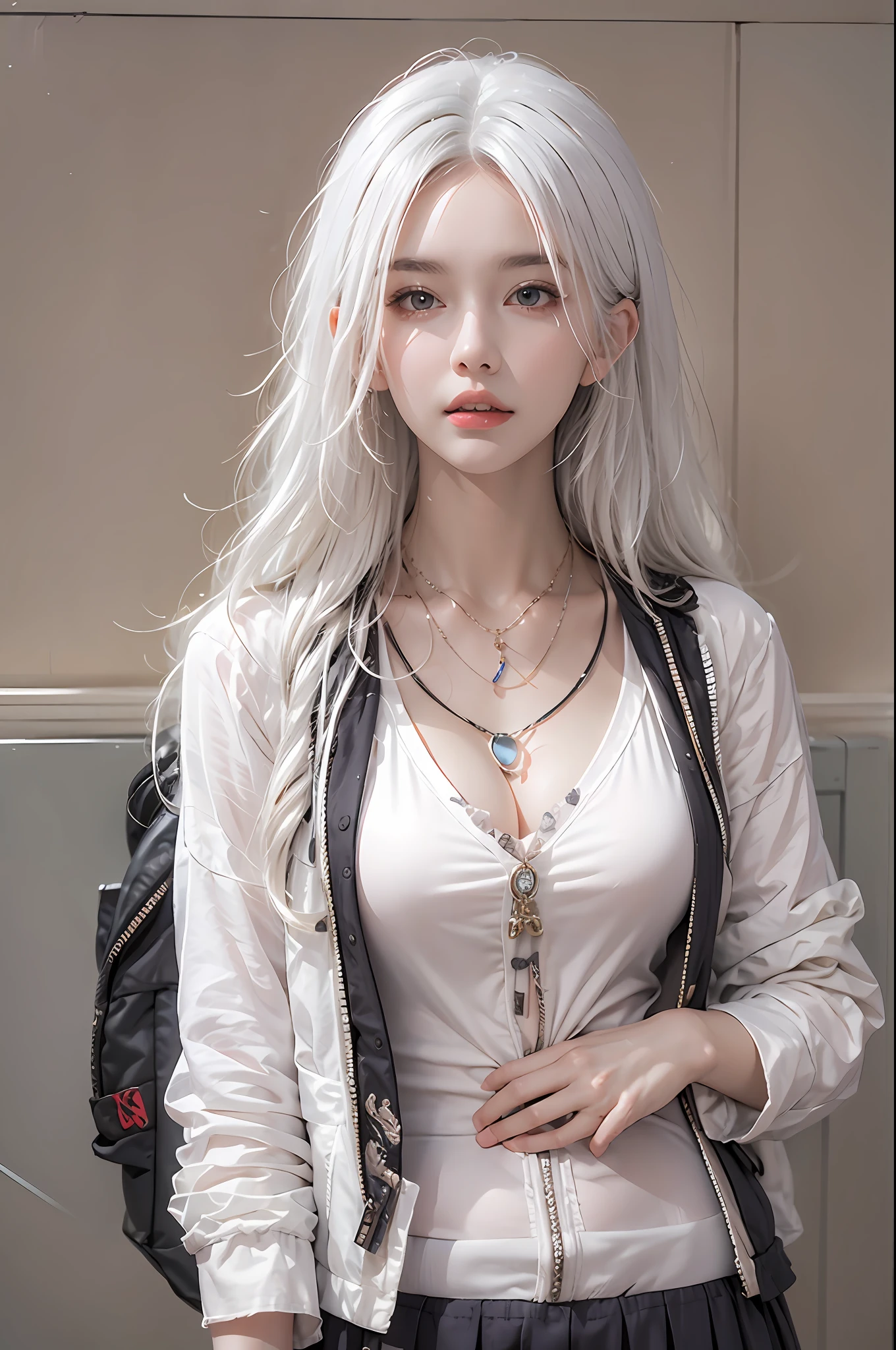 photorealistic, high resolution, soft lights, 1women, solo, hips up, look at viewer, (detailed face), white hair, long hair, school uniform, jewelry