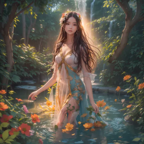 sunset time, a beautiful woman with long hair adorned with fresh flowers is walking through a forest fountain in a light dress. ...