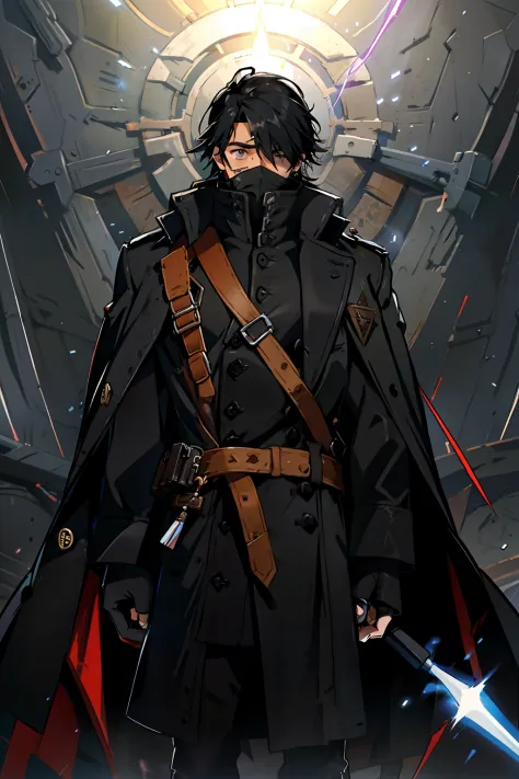 a guy wearing a black overcoat, short black hair, eye patch on left eye, thunder aura