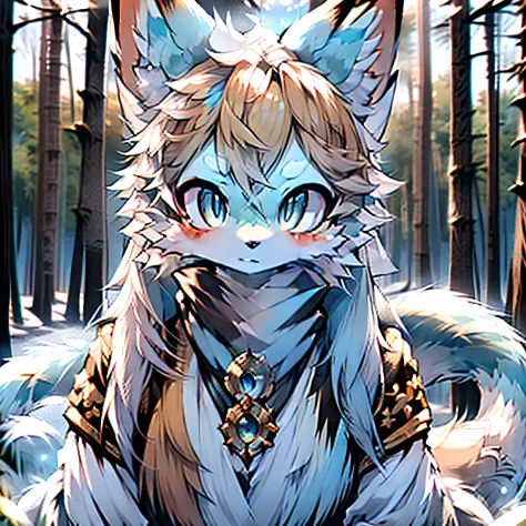A beautiful woman goddess ((fox)), nine-tailed kitsune in bluish skin with white tones and ultra-realistic hair beautiful snow c...