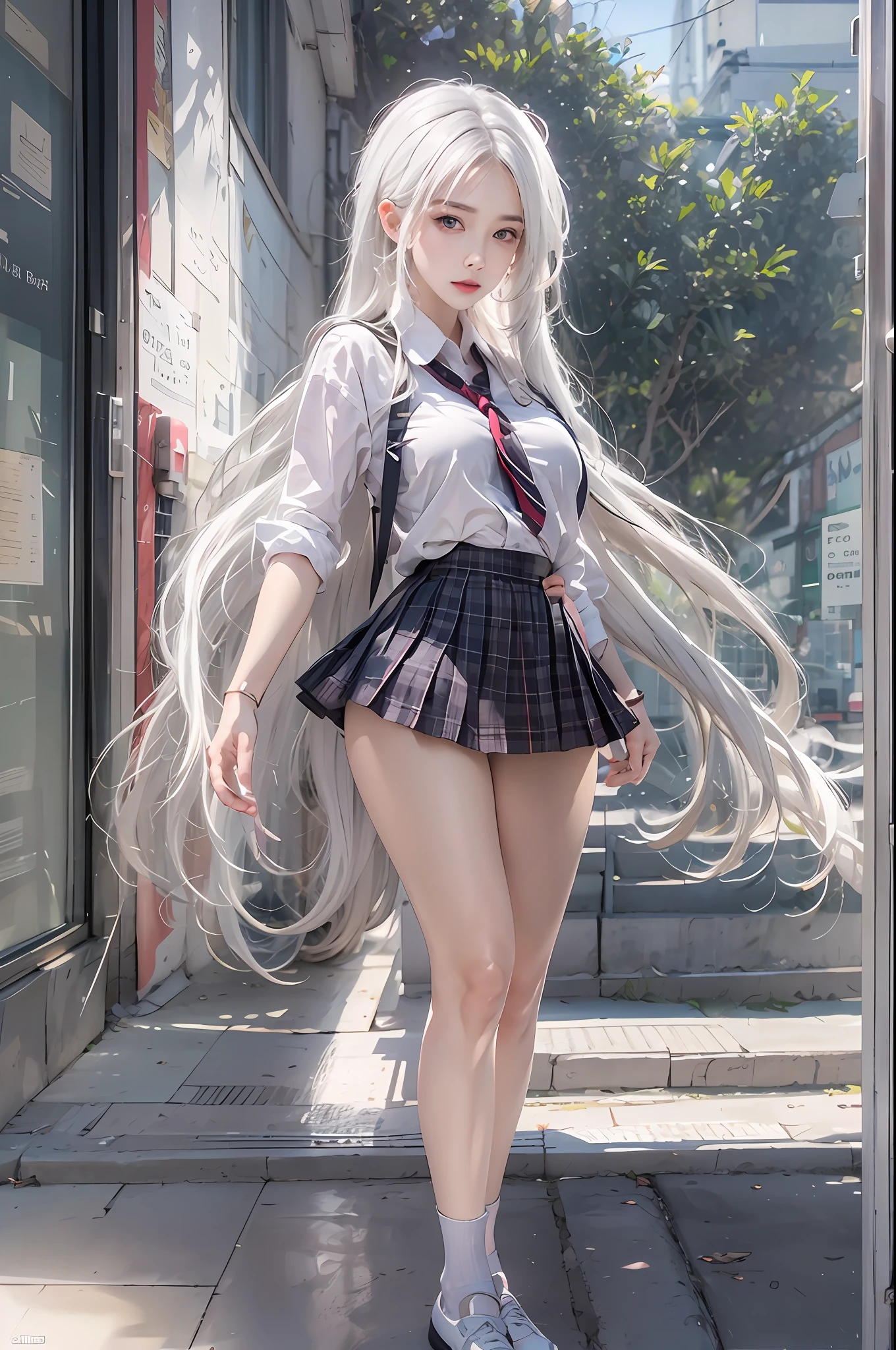 photorealistic, high resolution, soft lights, 1women, solo, hips up, look at viewer, (detailed face), white hair, long hair, school uniform, skirt, jewelry