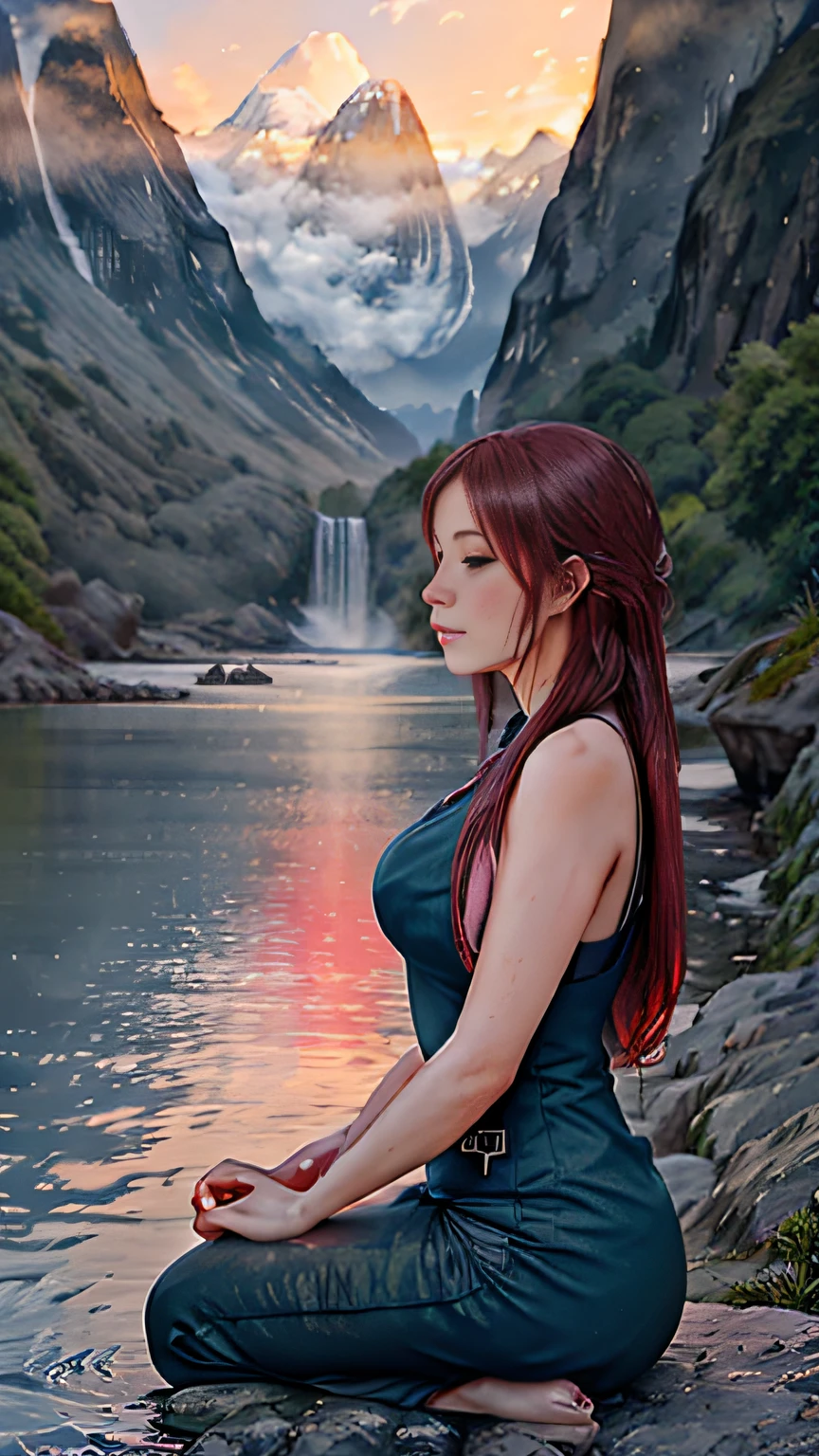 Meditating woman, by the river, with mountains and horizon, watching sunset with waterfall in the background, dark blue and red