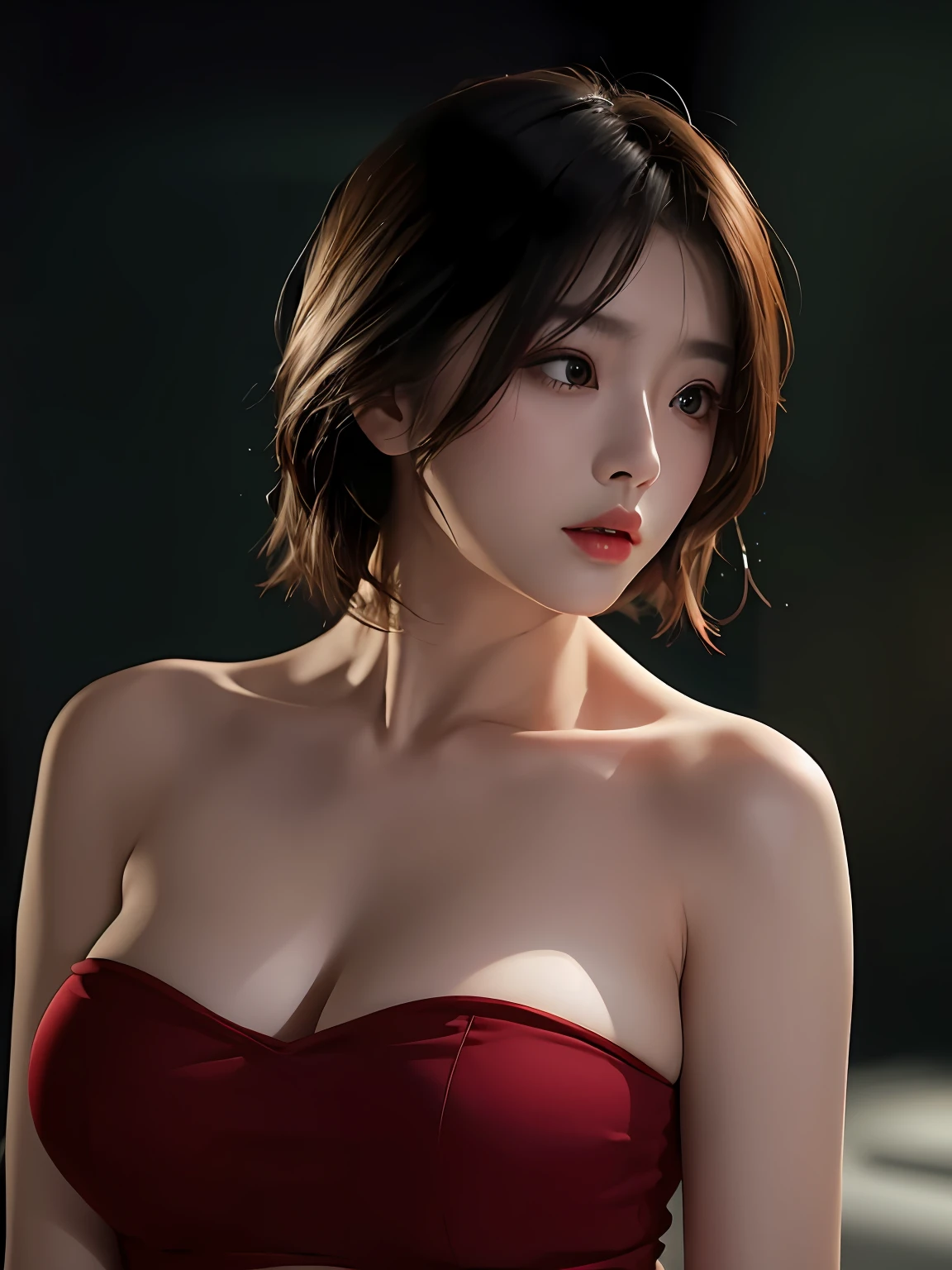 best qualtiy， tmasterpiece， 超高分辨率， （realisticlying：1.5）， RAW photogr， 1girll， bshoulders， in the darkness nigth， deep shading， low tune， cold light， Sexy look， short detailed hair，Pretty big breasts