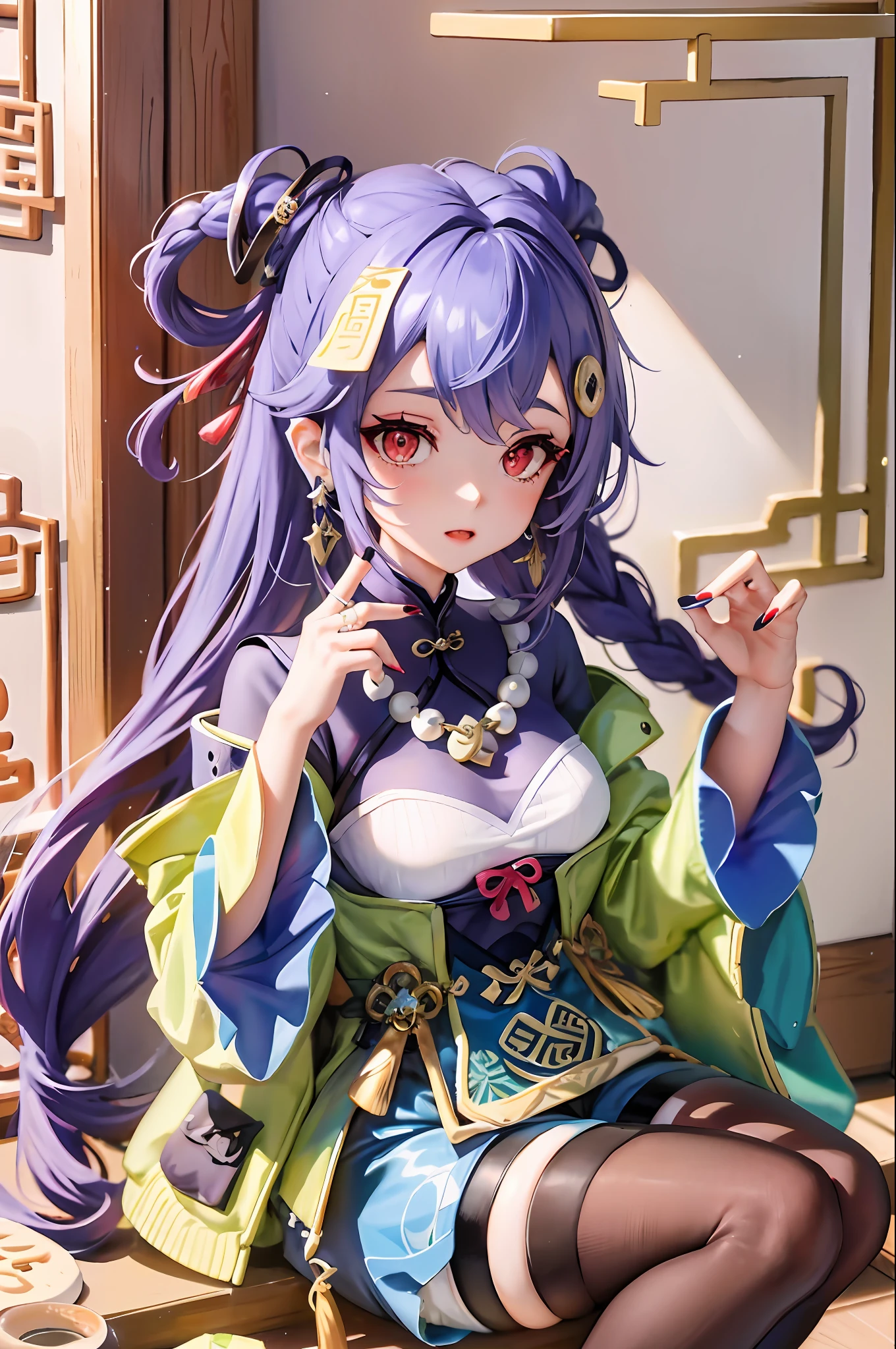 ,Kiki (Genshin Impact),1girll,ofuda,JiangshiT,Qingguan Mao,Braid,Blue hair,Long hair,Red eyes,hair adornments,Earrings,bead necklace,jewelry,Long sleeves,Wide sleeves,white thighhighs,Chinese clothes,Shorts,bandaged leg,nail polish,(Wear only socks)