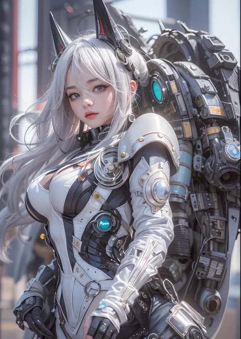 top-quality、​masterpiece、超A high resolution、(Photorealsitic:1.4)、Raw photo、Powered Suit Angel、large wings made of metal、White porcelain body、Acrylic Clear Cover、white  hair、glowy skin、1 Powered Suit Girl、((super realistic details))、portlate、globalilluminat...