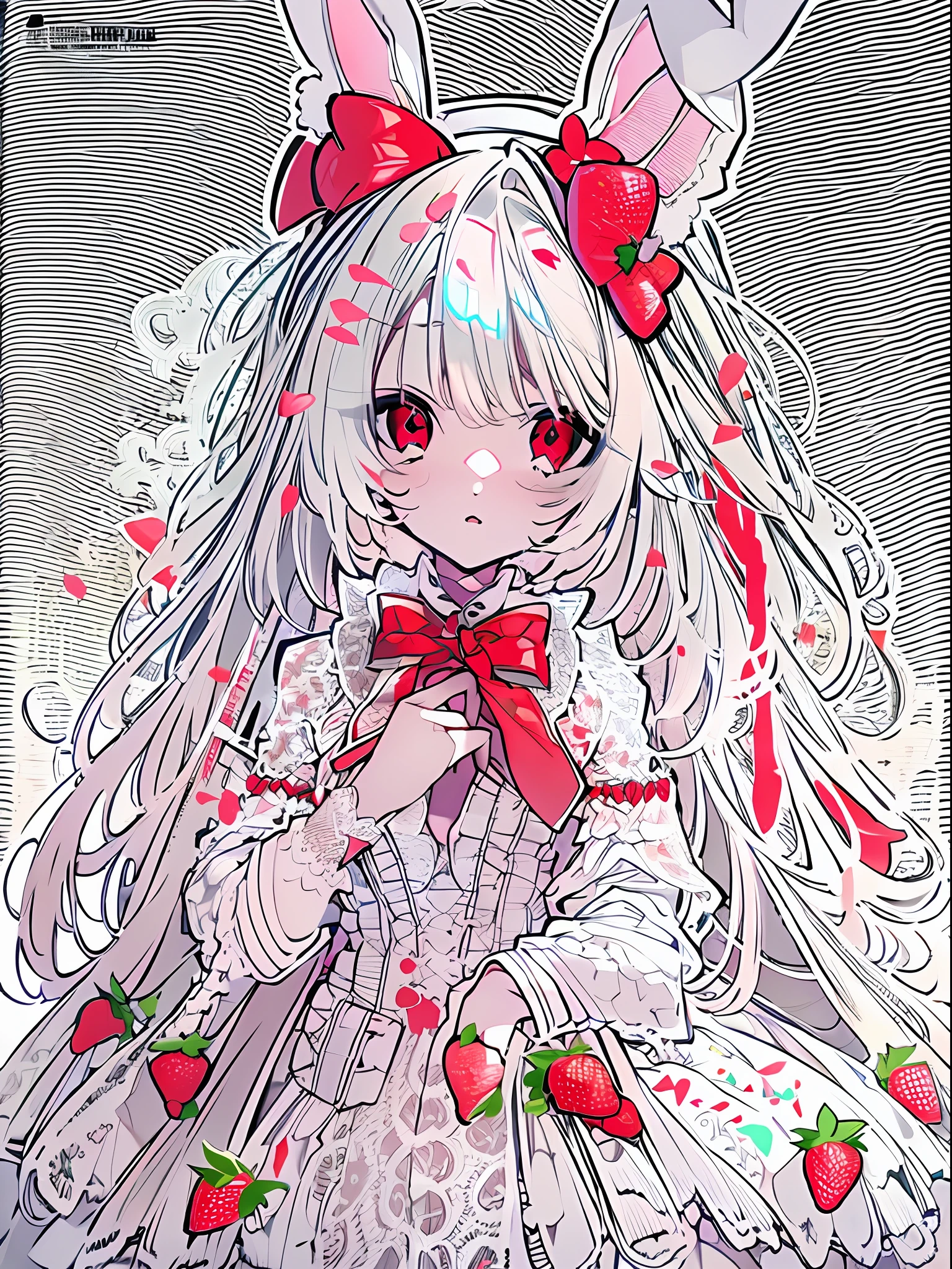 tmasterpiece，1girll，HighestQuali，Correct proportions，the detail，whaite hair，long whitr hair,White hair，Translucent red eyes，White lace headdress，Lace headdress，white headgear，Red bow，Rabbit ears，rabbitears，Strawberry side dishes，Sat down，White dress，red decoration，Lace，white legwear，Little red leather shoes，morango，bunny tail，fundo vermelho