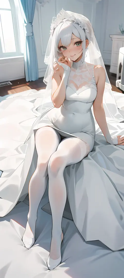A woman in a white wedding dress poses for a photo, Angela White, thicc, White lace trim, 2263539546],White color hair， dressed in a beautiful white, 8K)), Wear a wedding dress loli,Slender figure，White color hair ，sakimichan, Anime comic style，White full ...
