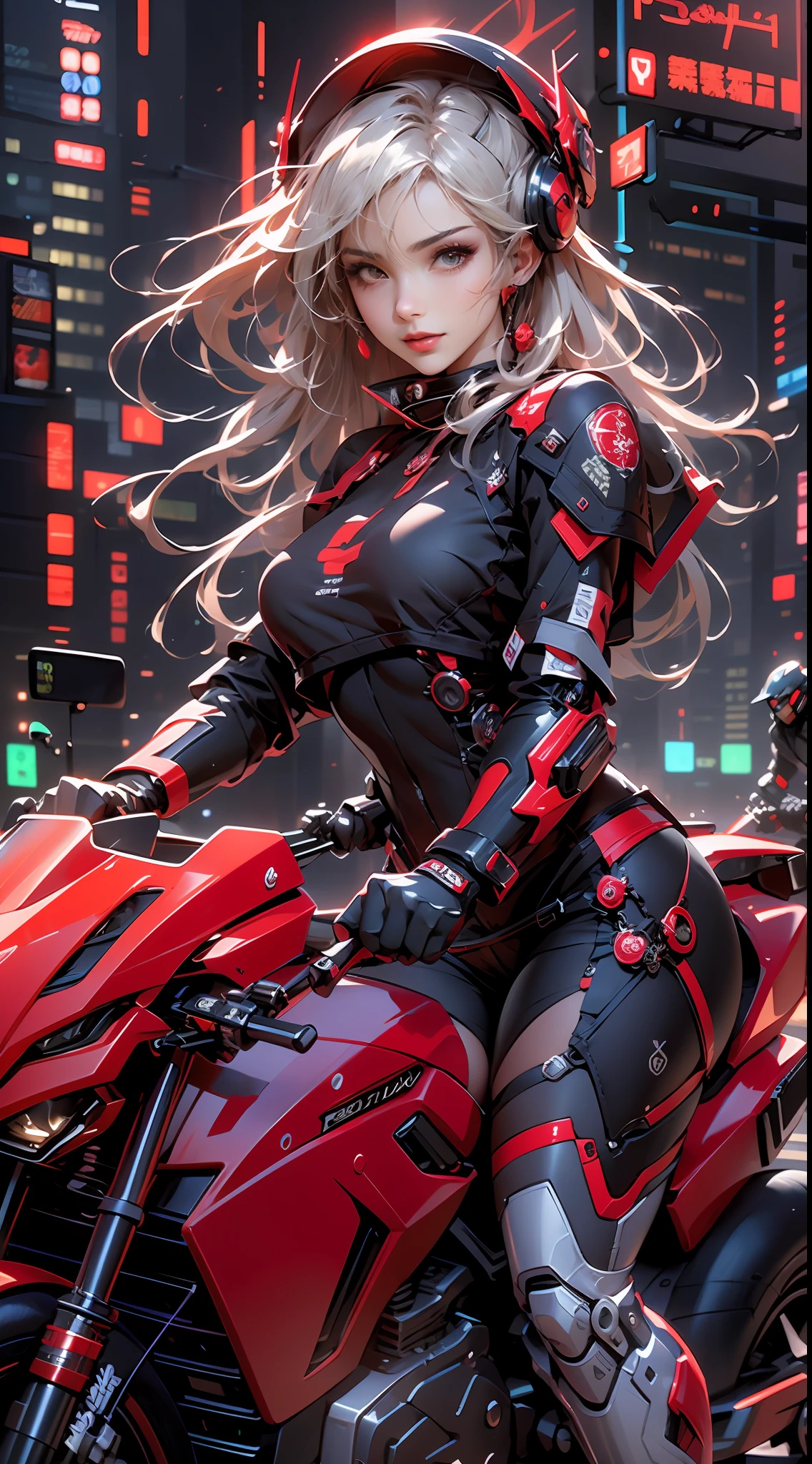 Höchste Bildqualität, Hervorragende Details, ultrahohe Auflösung, (Treue: 1.4), beste Illustration, favor details, stark komprimiert 1girl, mit einem zarten und schönen Gesicht, gekleidet in schwarz und rot Mecha, trägt einen Mecha-Helm, einen Richtungsregler halten, mit dem Motorrad fahren, der Hintergrund ist eine High-Tech-Lichtszene der zukünftigen Stadt.