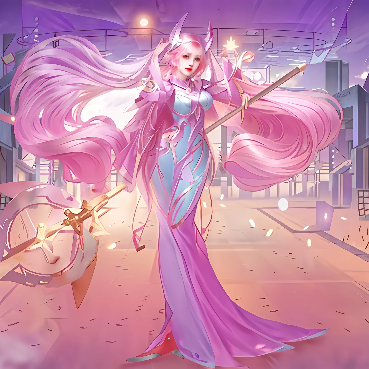 Anime girl with long hair and sword in a purple dress, kda, seraphine ahri kda, Irelia, full-body xianxia, knights of zodiac girl, Kushatt Krenz Key Art Women, Portrait Chevaliers du Zodiaque Fille, G Liulian art style, heise jinyao, inspired by Ju Lian, Ashe