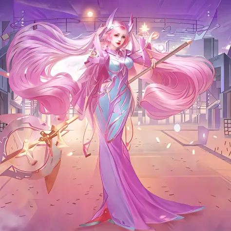 Anime girl with long hair and sword in a purple dress, kda, seraphine ahri kda, Irelia, full-body xianxia, knights of zodiac gir...