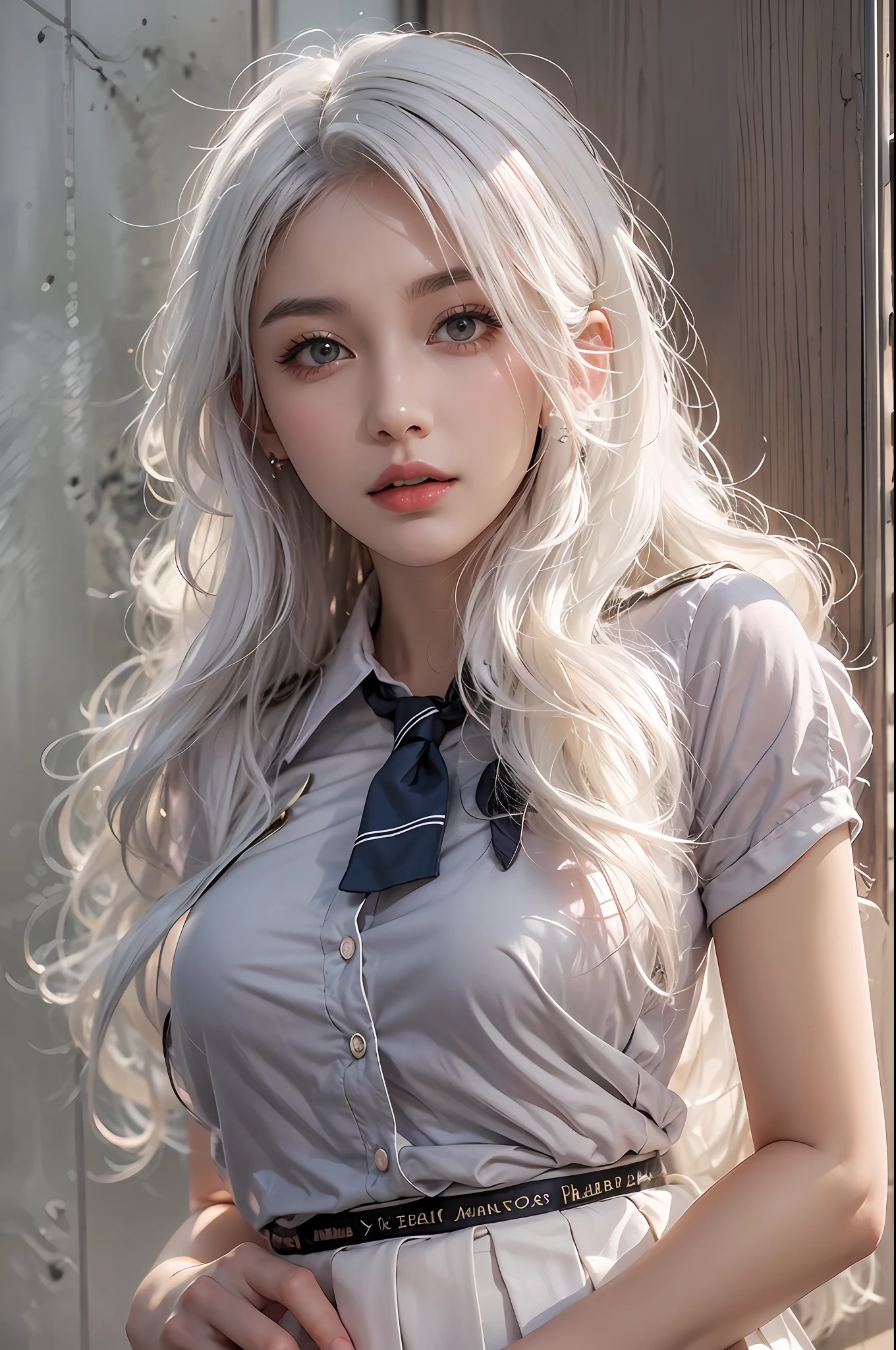 photorealistic, high resolution, soft lights, 1women, adult, solo, hips up, look at viewer, (detailed face), white hair, long hair, school uniform, skirt, jewelry