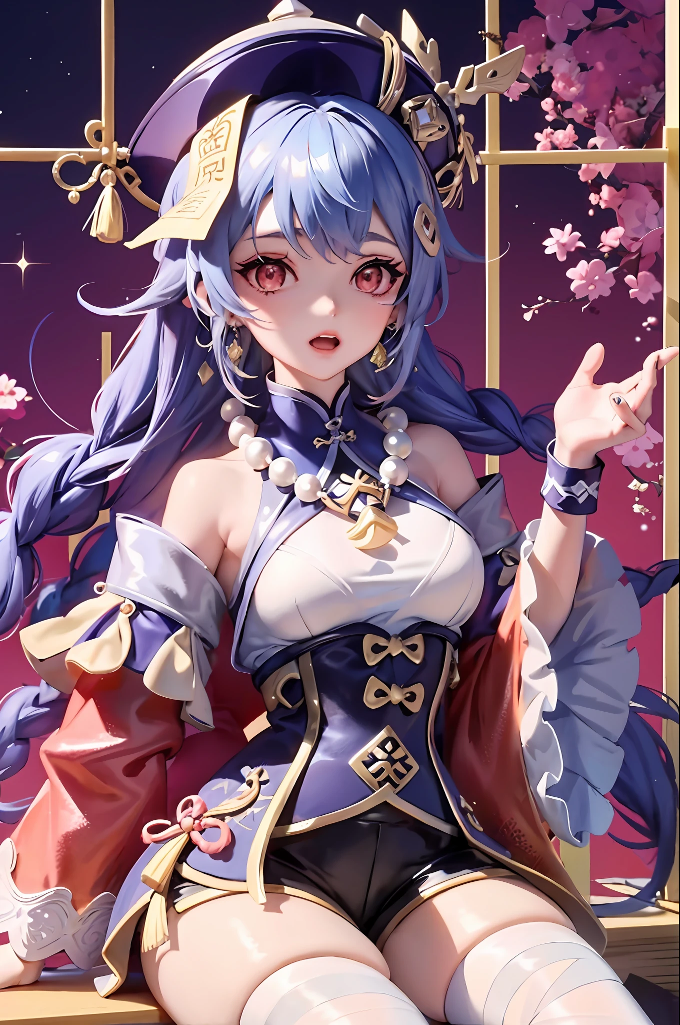 Kiki (Genshin Impact),1girll,ofuda,JiangshiT,Mao Qingguan,Braid,Hats，Spell，Blue hair,Long hair,Red eyes,hair adornments,Earrings,bead necklace,jewelry,Long sleeves,Wide sleeves,white thighhighs,Chinese clothes,Shorts,bandaged leg,nail polish,(Wear only socks)