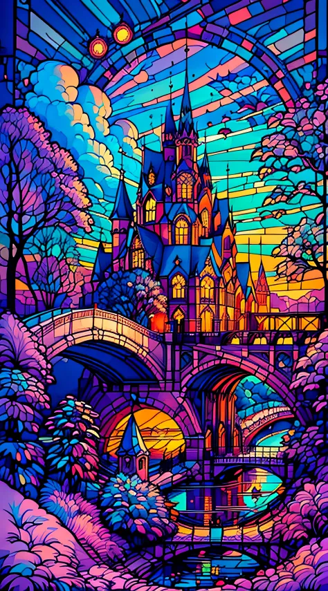 (magical place: 1.2, vibrant colors: 1.1, bridge, city on the horizon, 8k) medieval castle, in winter sky with ralampagos