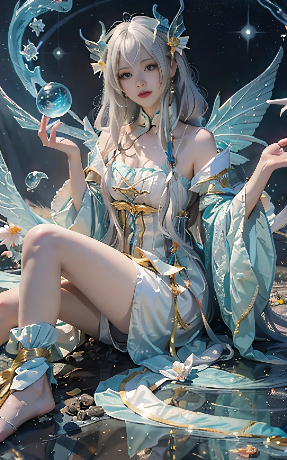 Close-up of women in costumes on stage, full body fairy, beautiful celestial mage, stunning young ethereal characters, beautiful fantasy queen, astral witch costume, sand stream, flowing magic robe, white Hanfu, fairy fantasy, beauty Delfin, ethereal fantasy, elegant and charming cosplay, Hirase Jinyao, sitting on the ground, charming and colorful, very coquettish