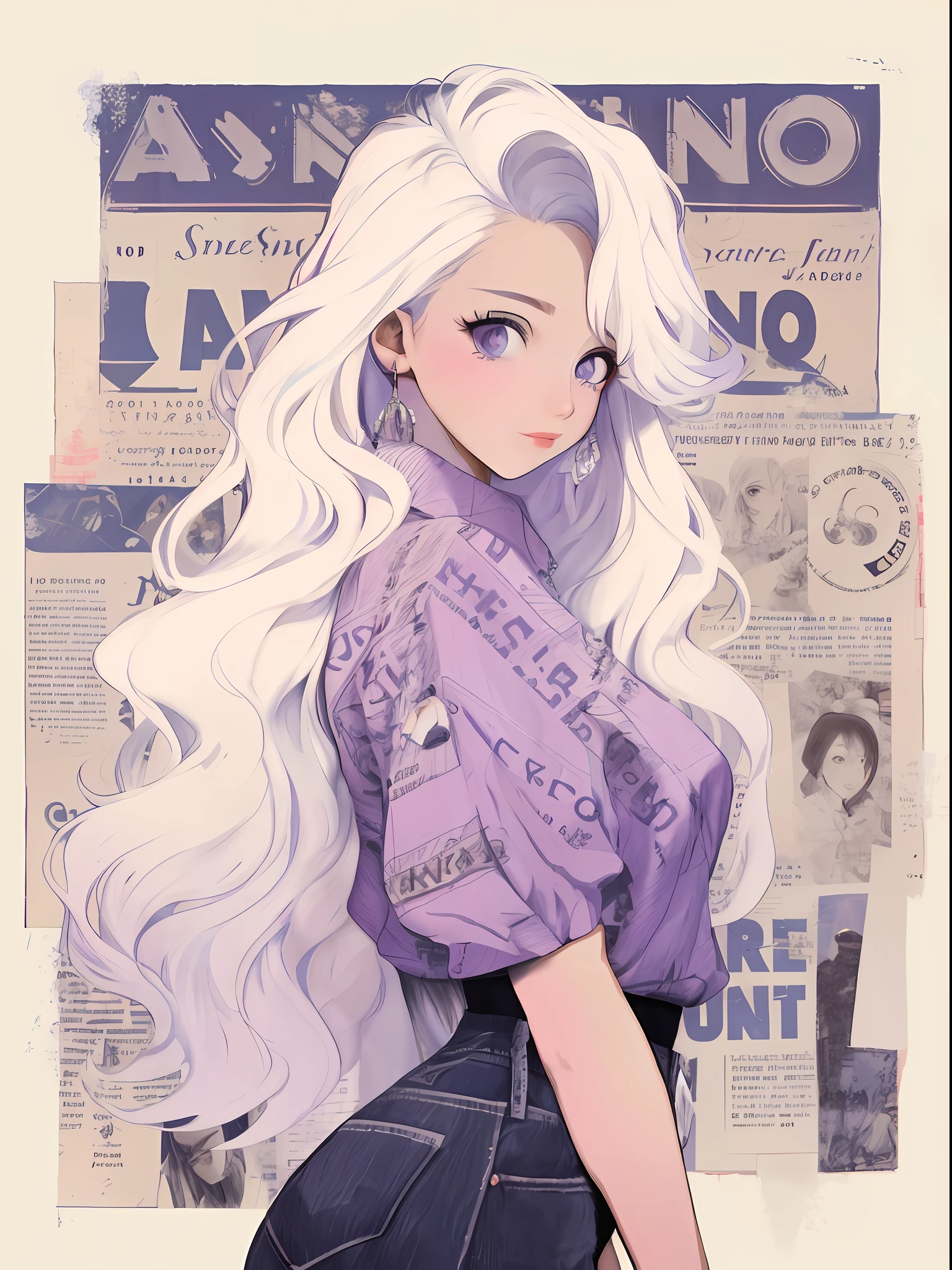 Anime girl with long white hair and purple shirt standing in front of the newspaper, Retro anime girl, Perfect white haired girl, white haired Cangcang, Girl with white hair, Ross Tran style, ilya kuvshinov with long hair, white haired lady, Anime style illustration, In the style of Ross Tran, trending on artstration, anime graphic illustration, ross tran!!!