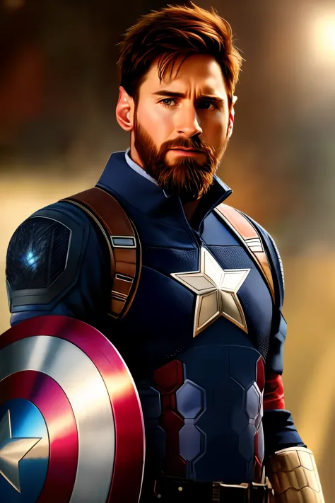 Extremely detailed photo of Messi's fashionable short beard wearing Captain America armor, model photoshoot, 8K UHD, Ultra detai...
