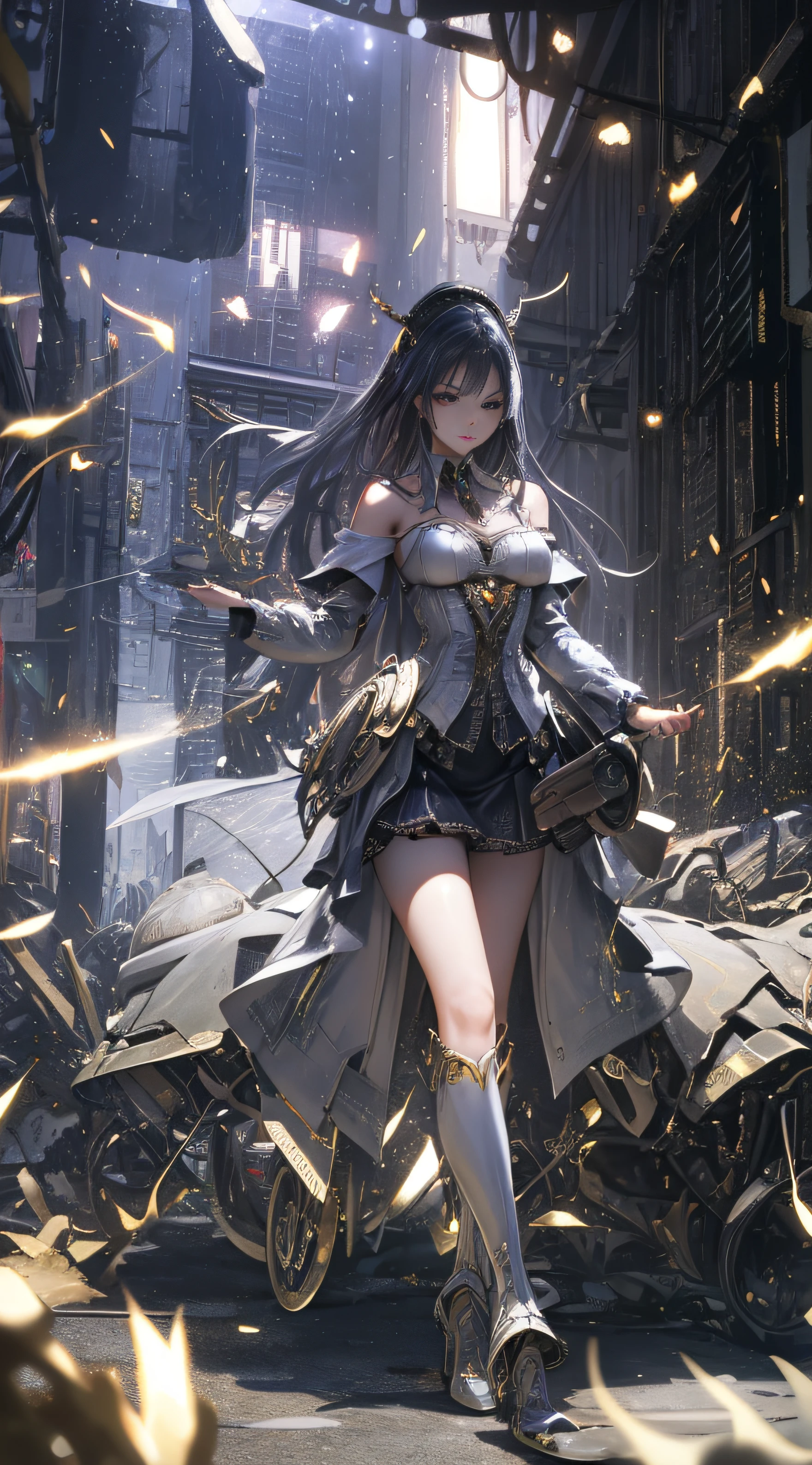 ((Super Best Quality)), ((Very Masterpiece)), ((Super detail:1.4)), ((3d ultrarealistic)), android mage girls, Mechanical body, Dynamic Full Body Action Pose in Battle Scenes, Very Complex and Heavy Fighter Mechanical Armament, Off-the-shoulder fashion fused with detailed and intricate steampunk and detailed gothic lolita, intricate steampunk headgear, very thin long legs, mechanical boots above the knee, fluttering lace flared miniskirts, upturned and beautiful little breasts, rather long vertical curly silver hair driven by the wind, countless shining large spheres flying around, many sparks crossing and splashing, countless neon lights raining down from poses that evoke magic, steampunk factories, Intricate and precise mechanical ruins, very dark night backgrounds, Very dramatic and cinematic lighting.