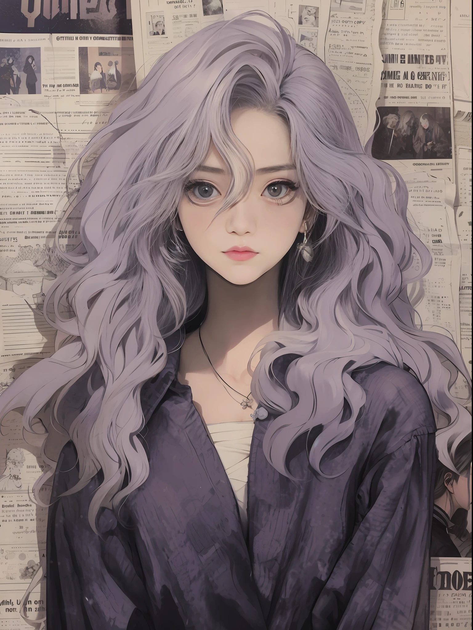 Anime - a portrait of a long woman in style, Gray hair, Guviz-style artwork, Guviz, whaite hair, silber hair, a beautiful anime portrait, Curly white hair, Silver hair girl, messy wavy white hair, silver curly hair, Girl silver hair, Perfect white haired girl, white haired Cangcang, Digital anime illustration, animeaesthetic