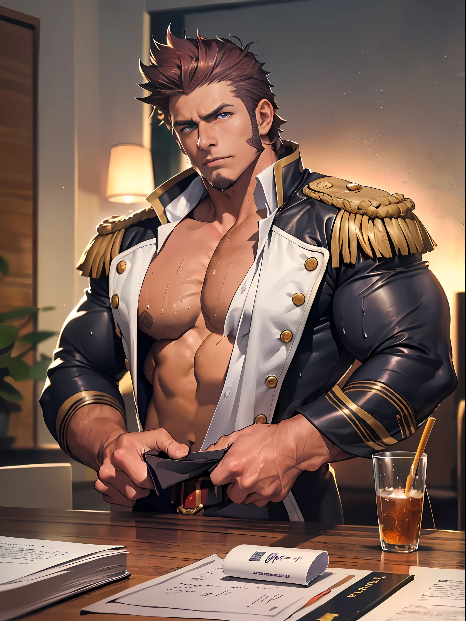 masterpiece, 8k, best details, highly detailed, wallpaper, photographic, raw photo, good lighting, shadows, detailed face, ((passionate, romantic),(bara hunk with bulging muscles and rugged uniform, anatomically correct),(best quality anime fate)),  Napoleon Bonaparte from Fate, full body, wet uniform