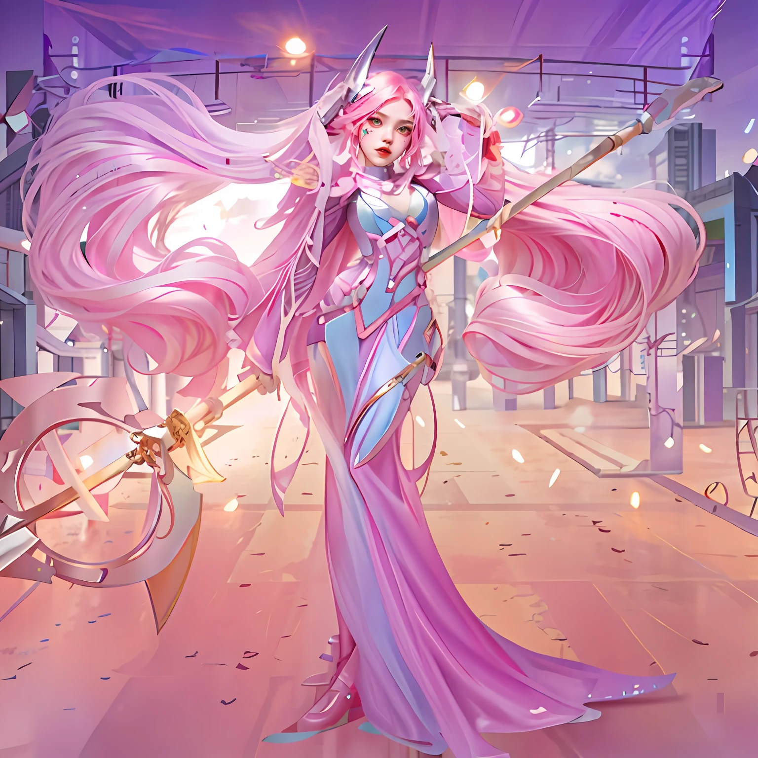 Anime girl with pink hair and a sword in a city - SeaArt AI