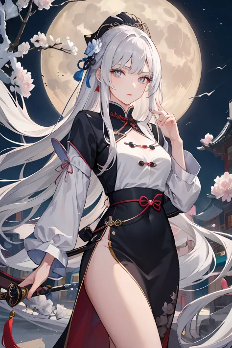 Masterpiece, Best quality, Night, full moon, 1 girl, Mature woman, Chinese style, Ancient China, sister, Royal Sister, Cold expression, Expressionless face, Silver white long haired woman, Light pink lips, calm, Intellectual, tribelt, Gray pupils, assassin...