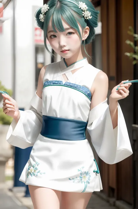（tmasterpiece，best qualityer），intricately details， 1girll，blue green hair，White kimono blue-green pattern，Heart-shaped openwork，...