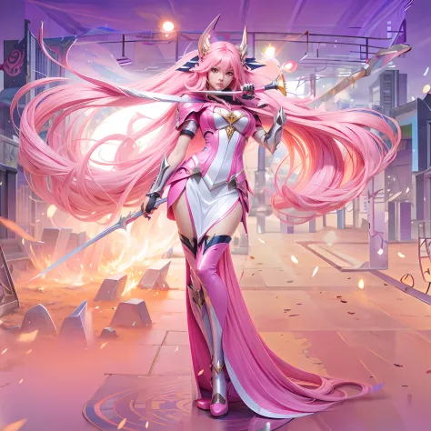 Anime girl with long pink hair holding sword and scythe, seraphine ahri kda, Artgerm Plat, Extremely detailed Artgerm, ! Dream Artgerm, Style Artgerm, kda, in the style of artgerm, Kushatt Krenz Key Art Women, art-style