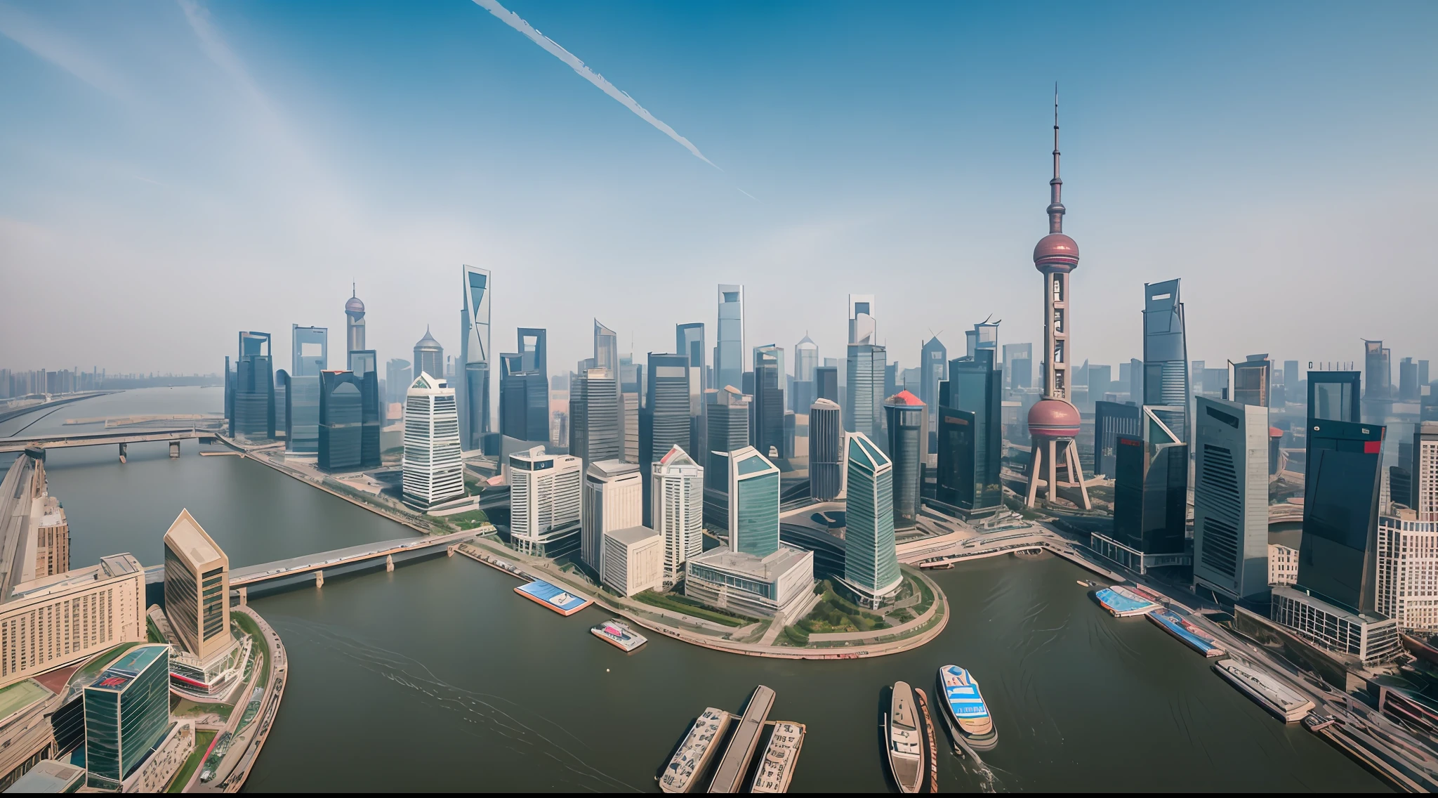 Realistic photography 1:2，Downtown Shanghai, Huangpu River, wide angles ...