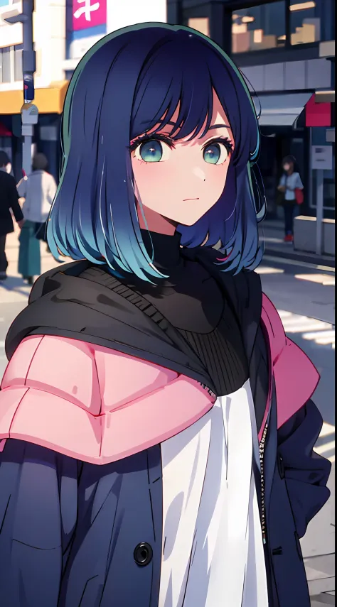 Best quality, Ultra high resolution, 1 girl, solo, upper body, Sky, City, street, Blue hair, (Pink eyes: 0.5), stylish, Off-the-...