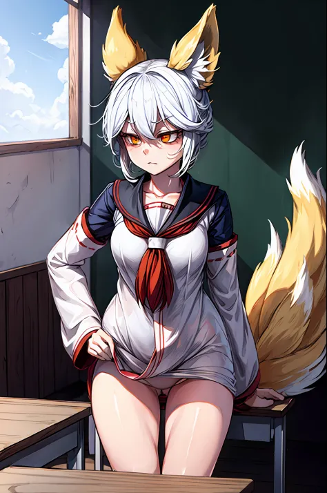 kitsune, thin, small breasts, , sad, classroom