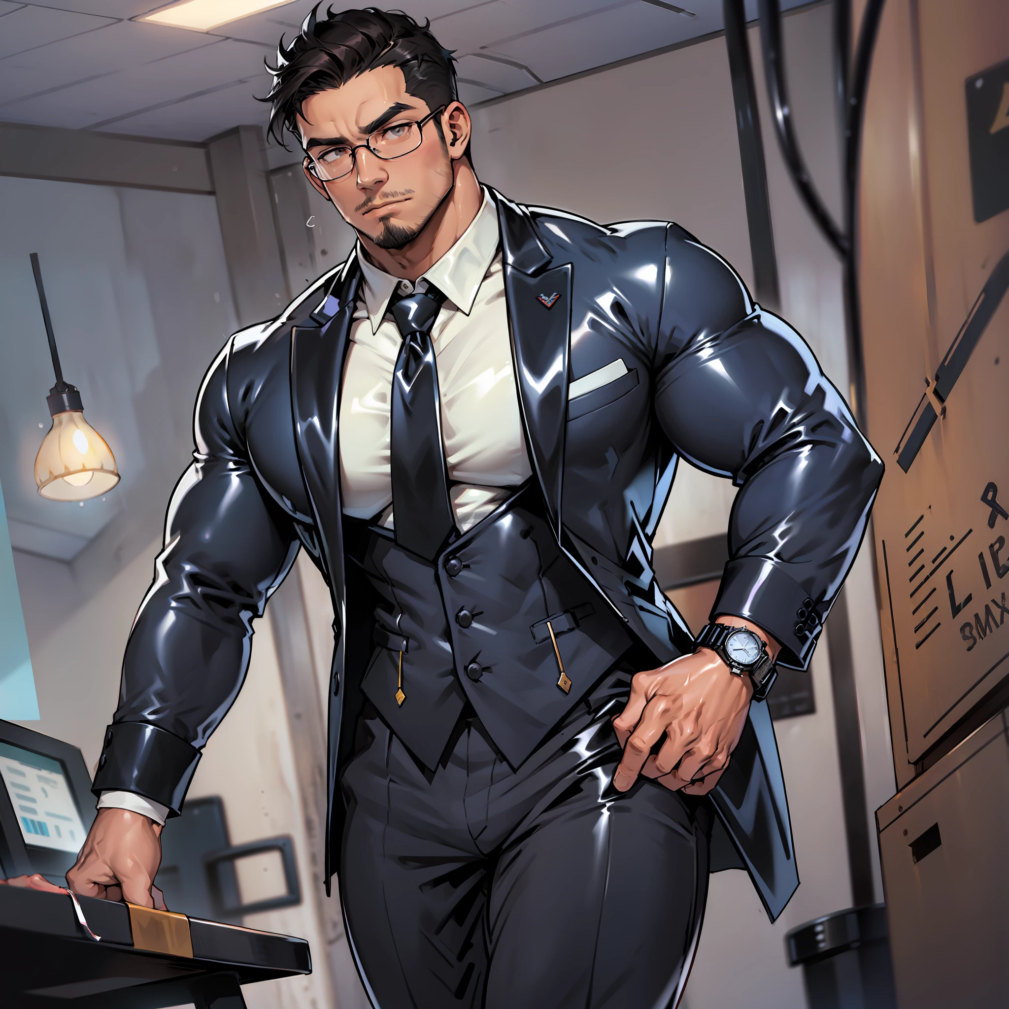(Excessive latex luster:1.5) , (masterpiece: 1.2), (excellent business suit: 1.2), (perfectly detailed 1.5), perfect muscle body , Hyper Pecs, male only, glass-enclosed office of a major company, smartphone in one hand, employee ID hanging from the neck, employee ID on the chest, office worker, businessman, black-framed glasses, business suit, tight business Jacket, tight and thin business slacks, white long-sleeved shirt, tight suit vest, tie, suspenders, business shoes, luxury watch, men's socks, big muscle, huge body, hyper muscle, masculinity, 35 years old, mature man with dark hair and dark eyes, handsome, well-dressed, beautiful muscles, complex and elegant, muscled man, beard, sideburns, facial hair, cropped short hair, male focus, big ass, big Pectoralis major muscle, shiny oily skin, tanned skin,