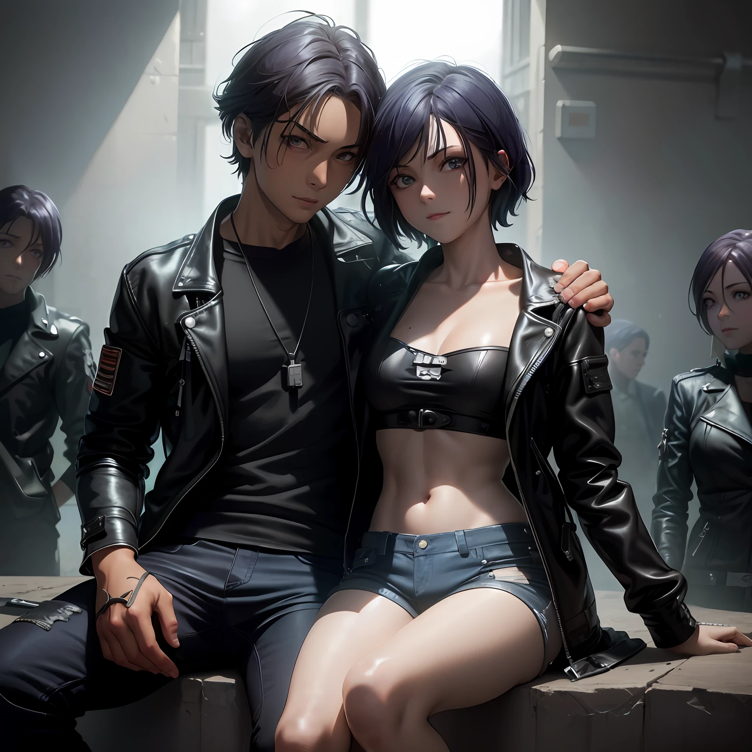 Two people sitting on the windowsill，and a woman in a leather jacket, Masayoshi Suto and artgerm, Guviz-style artwork, Anime cyberpunk moderno, Range Murata and Artgerm, ross tran and bayard wu, Badass anime 8 K, wlop and ross thran, Ruan Jia and Artgerm Xiang，Beautiful eyes stared at the boy's beautiful and beautiful face，He is so beautiful，The girl's eyes moved to the boy's eyes，It turned out to be a blue and a red heterochromatic pupil！Very seductive heterochromic pupils！