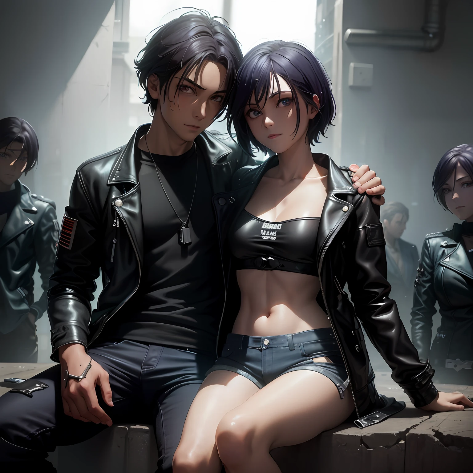 Two people sitting on the windowsill，and a woman in a leather jacket, Masayoshi Suto and artgerm, Guviz-style artwork, Anime cyberpunk moderno, Range Murata and Artgerm, ross tran and bayard wu, Badass anime 8 K, wlop and ross thran, Ruan Jia and Artgerm Xiang，Beautiful eyes stared at the boy's beautiful and beautiful face，He is so beautiful，The girl's eyes moved to the boy's eyes，It turned out to be a blue and a red heterochromatic pupil！Very seductive heterochromic pupils！