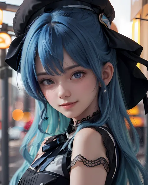 best quality, masterpiece, portrait, a photography of a beautiful girl, detailed face, naughty smile, (blush:1.2), blue hair, ra...