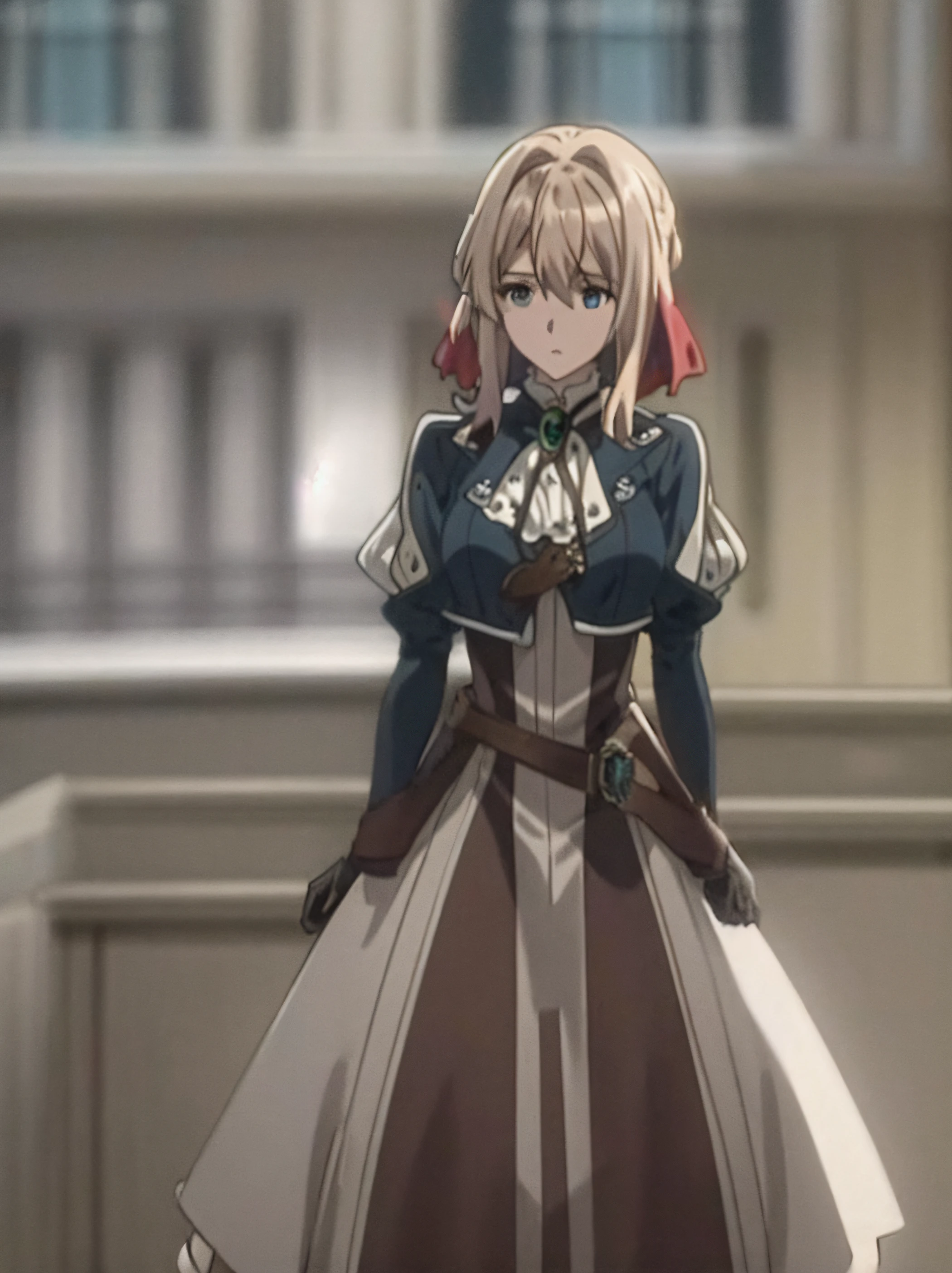 Best quality at best，tmasterpiece，highly  detailed，anime big breast，1girll，The upper part of the body，violet_evergarden，mediuml breasts，s the perfect face，blond hairbl，red hairband，eBlue eyes，glowing light eyes，blue jacket，longer sleeves，white dresses，Green gemstones，brown gauntlets，exteriors，the street，depth of fields，looking at viewert，expressiveless，suitcases