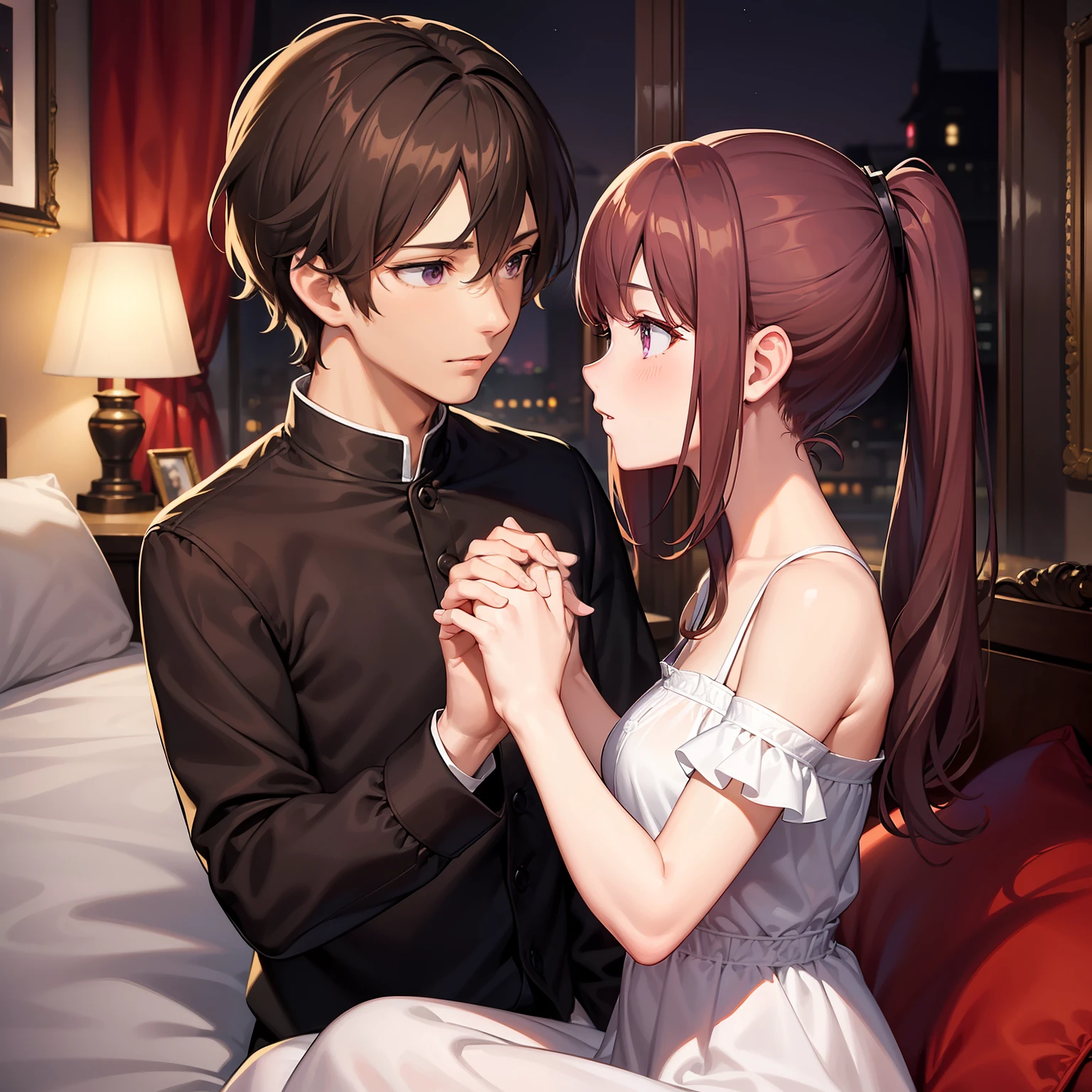 Anime couple in a bedroom with a city view - SeaArt AI