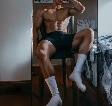There was a man sitting in a chair，self-shot, chest legs, Sexy masculine, his legs spread apart, Muscular legs, gray shorts and black socks, Asian male, Male model, with backdrop of natural light, classic vibes, Strong legs, detailed white, white stockings