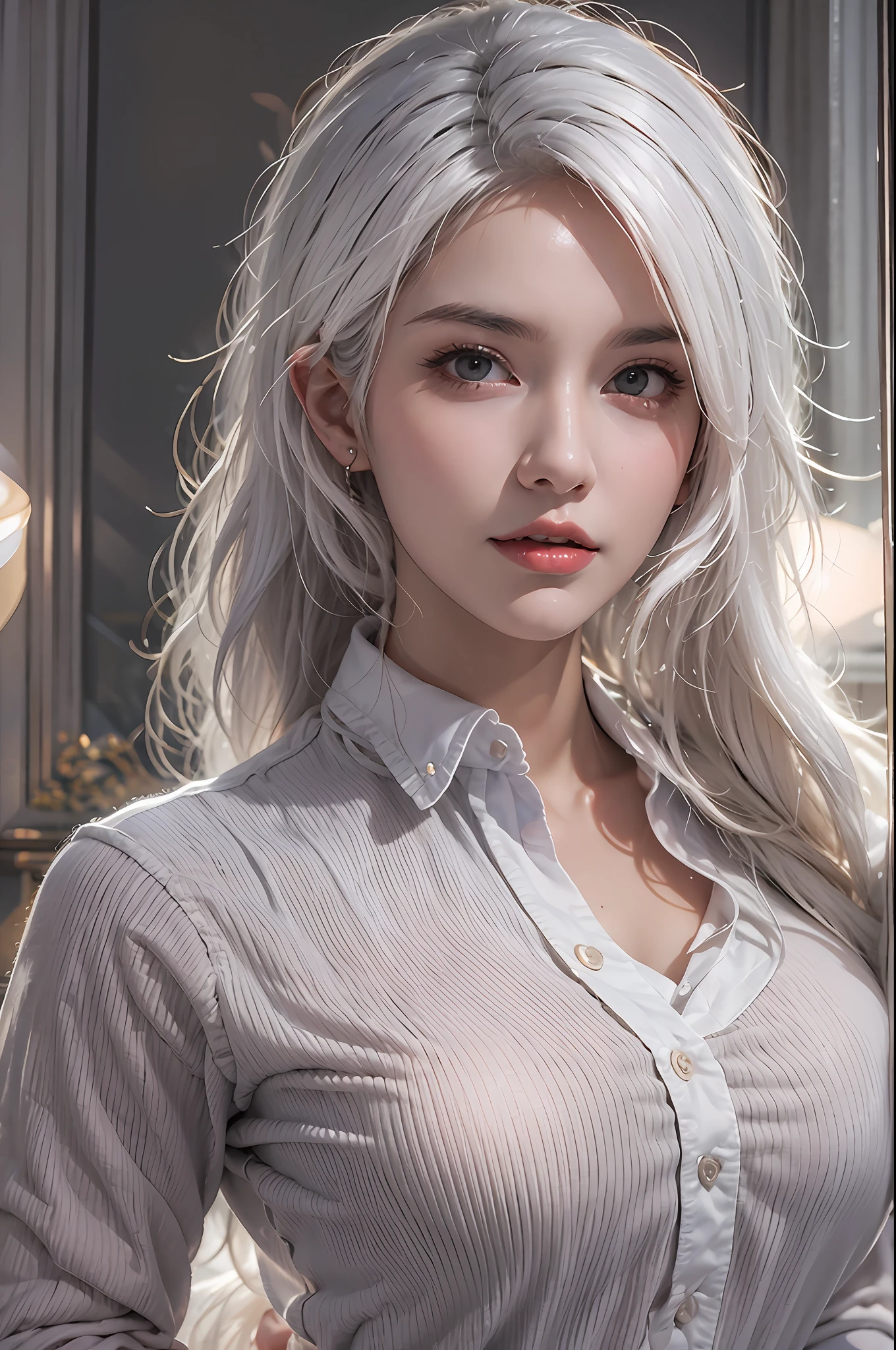 photorealistic, high resolution, soft lights, 1women, adult, solo, hips up, look at viewer, (detailed face), white hair, long hair, secretary uniform, skirt, jewelry