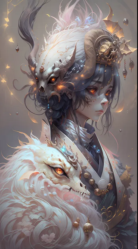 3D closeup of young handsome aristocrat - profile portrait with crown，Ram skull。Beautiful and complex Japanese crow, Fox mask an...