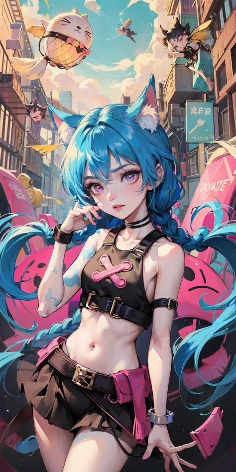 Jinx,A girl in a crop top and a pack of cats, lovely art style, lofi-girl, Loli, Anime style illustration, decora inspired illus...
