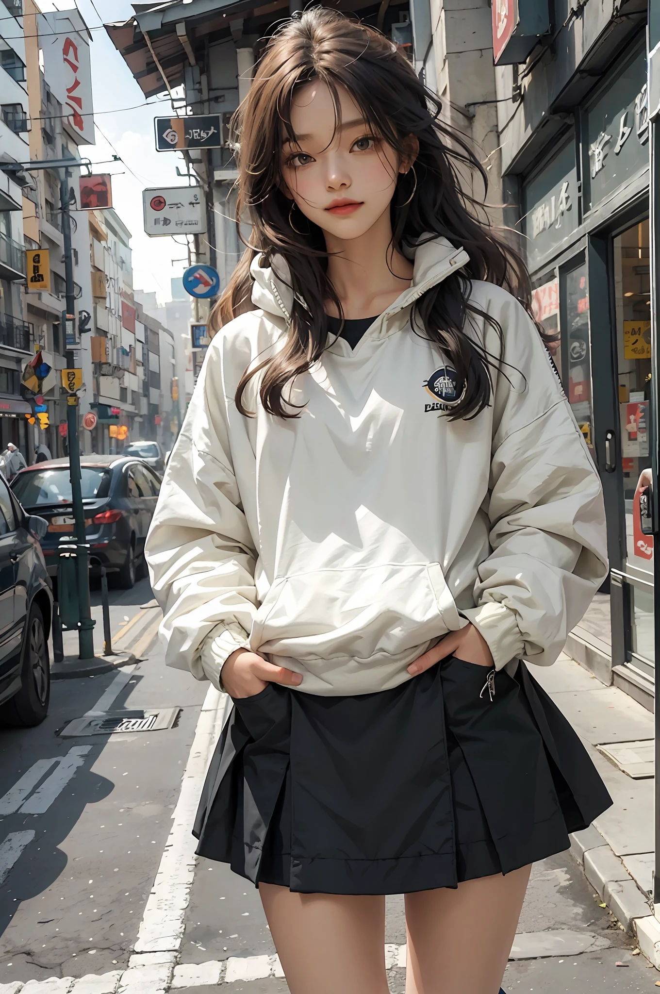One long hair Girl，Stylish sweatshirt, Windbreaker long skirt，Poster on the front，The color of the clothes is bright and simple，Cute, Very aesthetic，Realistic style anime，ssmile，self-assured，Put your hands in your pockets，tmasterpiece，ultraclear，8K，HighestQuali，