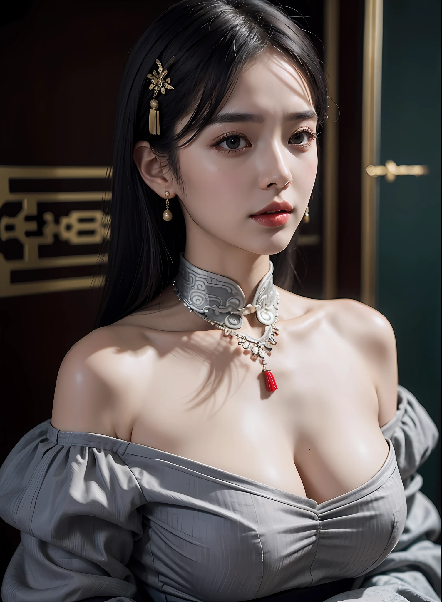 Best Quality, Masterpiece, Ultra High Resolution, (Realistic:1.4), 1 Girl, Off-the-Shoulder Shirt, ((Traditional Chinese Costumes:1)), Black Necklace, (Faded Gray-Gray Hair:1), (:1.2), Looking at the Viewer, Close-up, Big Breasts