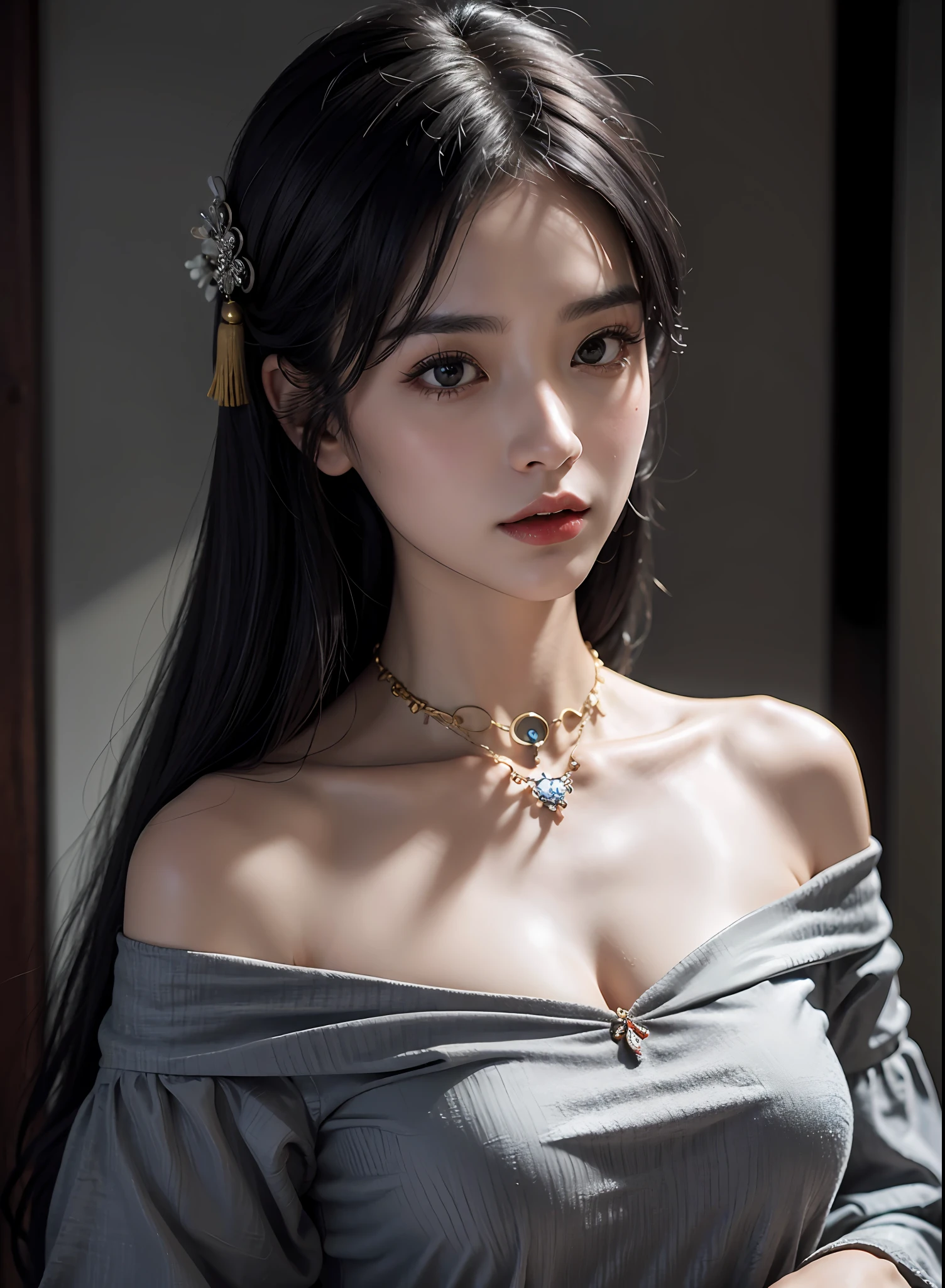 Best Quality, Masterpiece, Ultra High Resolution, (Realistic:1.4), 1 Girl, Off-the-Shoulder Shirt, ((Traditional Chinese Costumes:1)), Black Necklace, (Faded Gray-Gray Hair:1), (:1.2), Looking at the Viewer, Close-up, Big Breasts