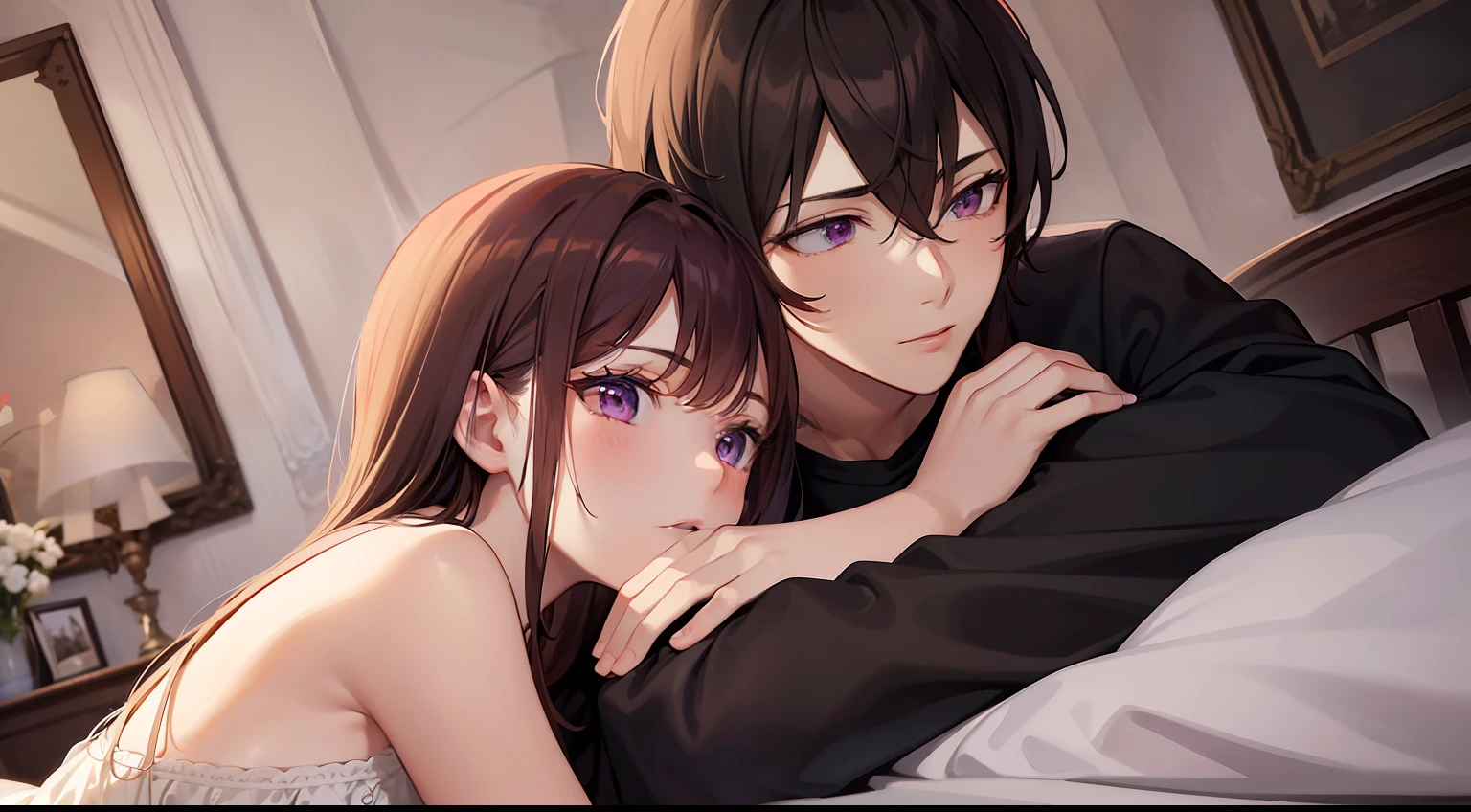 Pareja anime en la cama con los ojos cerrados y abrazados - SeaArt AI