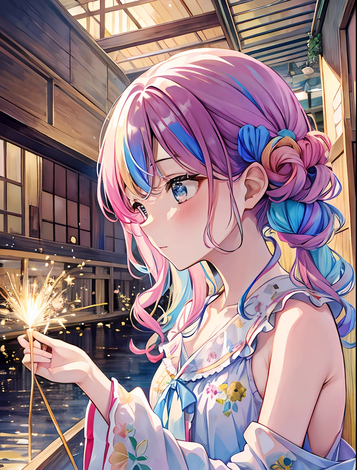 skyrocket、natta、sparklers、Fireworks Festival、1girl in,Solo,Yumekawa 、Cute as a dream、a pale、Moya、(​masterpiece、top-quality、top-quality、watercolor paiting(Curly)、The upper part of the body、bath robe、Changing clothes、patterns、BREAK、(Twin-tailed iridescent hair:1.2)、BREAK、​​clouds、colourfull、Spread throughout、kawaii、pastels、sweets、Loose fluffy