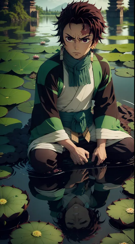 "kamado tanjiro from demon slayer sitting in the middle of a lake, blooming lotus, rain, mossy vegetation, 4k."