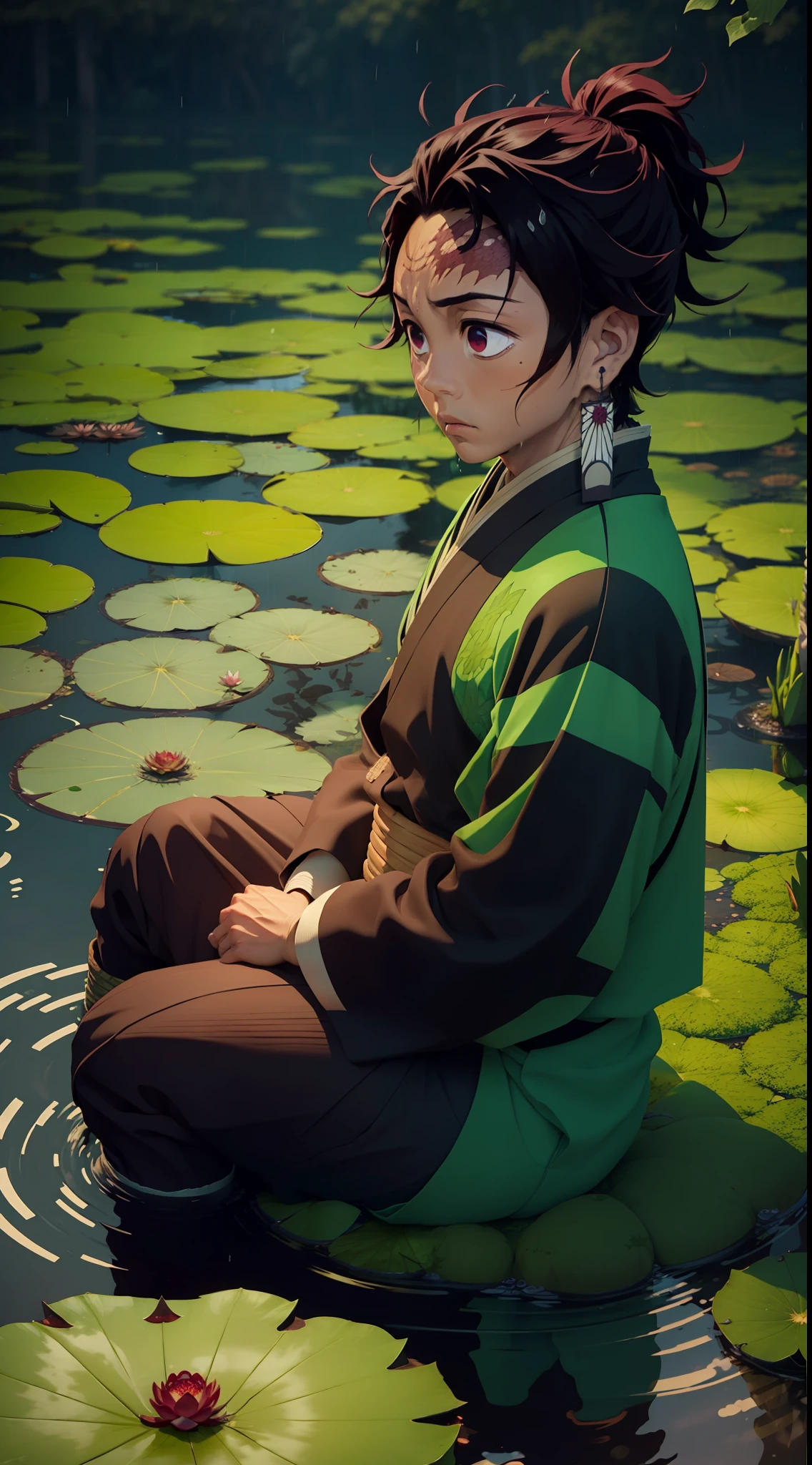 "Kamado Tanjiro from DEMON SLAYER sitting in the middle of a lake, blooming lotus, rain, mossy vegetation, 4K."