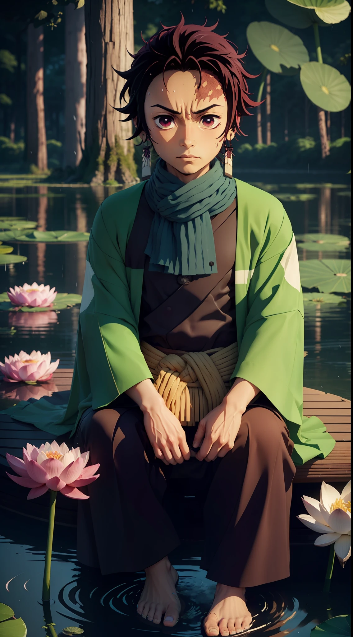 optimized_prompt: "Kamado Tanjiro from Demon Slayer sitting in the middle of a serene lake surrounded by blooming lotus flowers, a gentle rain falling, in stunning 4K quality."