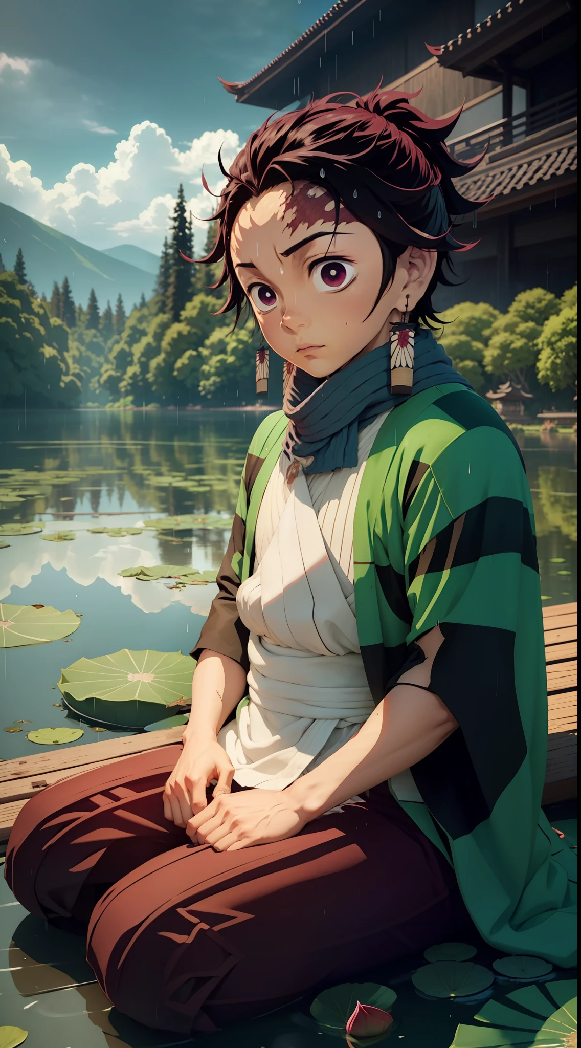 optimized_prompt: "Kamado Tanjiro from Demon Slayer sitting in the middle of a serene lake surrounded by blooming lotus flowers, a gentle rain falling, in stunning 4K quality."