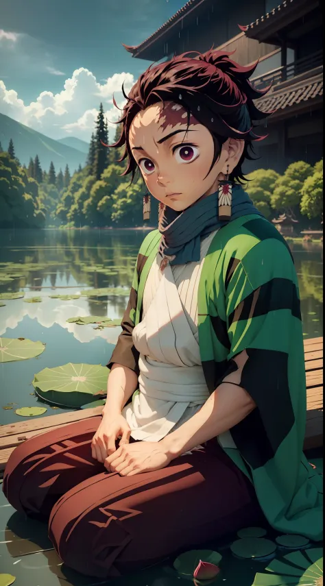 optimized_prompt: "kamado tanjiro from demon slayer sitting in the middle of a serene lake surrounded by blooming lotus flowers,...